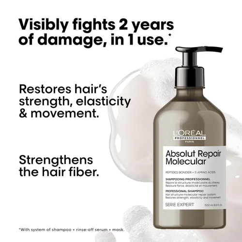 Miniatura 2 de L'Oréal Professionnel Paris Absolut Repair Molecular Shampoo - Repairs Damage & Restores Strength For All Damaged Hair, With Peptide Bonder & Amino