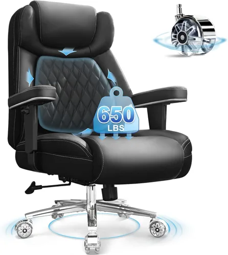 Silla de oficina grande y alta de 650 libras, sillas de oficina resistentes con ruedas dobles de goma, silla de escritorio extra ancha, soporte