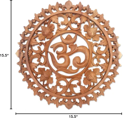 Miniatura 4 de NOVICA Panel de relieve de madera Om Corona floral hecho a mano