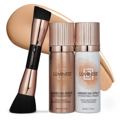 Miniatura 9 de LUMINESS Silk Airbrush Spray Foundation Kit de 3 piezas – base, prebase y brocha de maquillaje en ángulo de doble cara – Cobertura modulable