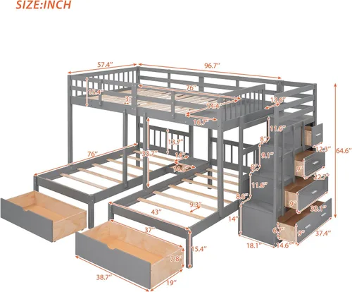 Miniatura 2 de Literas de tamaño matrimonial sobre individual e individual, litera triple de madera con cajones de almacenamiento, barandillas y escalera para 3