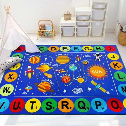 Miniatura 8 de Capslpad Alfombra de aula con sistema solar, 6.6 x 9.8 pies, antideslizante, con alfabeto ABC, alfombra para niños, alfombra educativa de área
