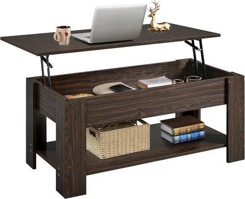 Miniatura 11 de Yaheetech Mesa de café de madera, mesa de centro con estante de almacenamiento oculto grande, mesa de comedor con superficie elevada para sala