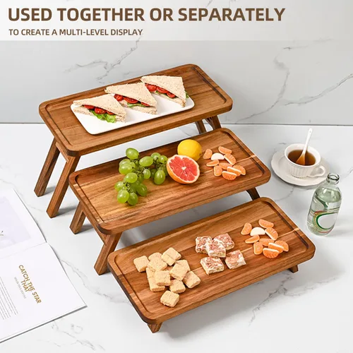 Miniatura 8 de GEHE Bandeja de servir de 3 niveles, bandeja escalonada de madera de acacia plegable, juego de exhibición de mesa de postre, decorada para tablas