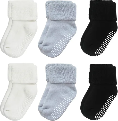 VWU - Medias de altura media con antideslizante, de algodón grueso y cálido, unisex, talla 0-6T, paquete de 6 pares