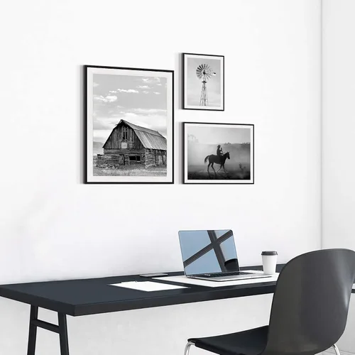 Miniatura 2 de Arte de pared enmarcado con vista rústica: 3 piezas de granja en blanco y negro, vaquero brumoso, granero, fotografía, moderno, molino de viento