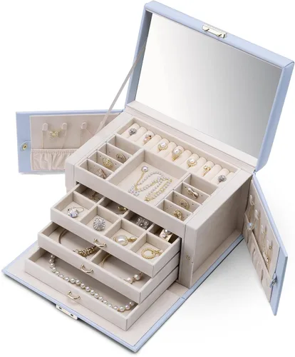 Miniatura 7 de Vlando Joyero organizador con cerradura con llave, bandeja de joyería de 3 cajones para collares, aretes, anillos, soporte de exhibición, espejo