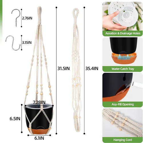 Miniatura 5 de Paquete de 2 macetas colgantes de riego automático de 7.2 pulgadas para plantas de interior y exterior, macetas colgantes de macramé de 34 pulgadas