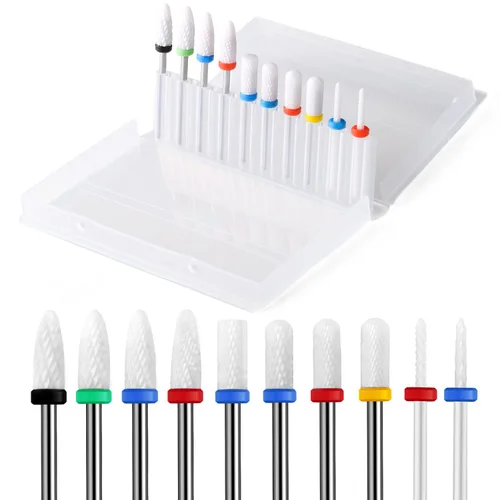 Juego de 10 brocas de cerámica para uñas, 3/32 para uñas de gel acrílico, rebabas rotativas profesionales, manicura eléctrica, pedicura, lima de