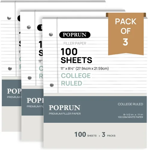Miniatura 8 de POPRUN Paquete de 3 hojas sueltas de papel rayado ancho, 3 agujeros perforados para carpeta, 100 hojas de papel de relleno de 8.5 x 11 pulgadas