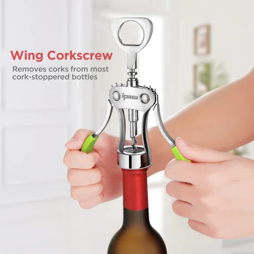 Miniatura 4 de IPOW Abridor de vino, abridor de botellas de vino de aleación de zinc, sacacorchos de ala resistente, tornillo de corcho multifuncional manual