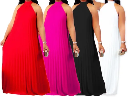 Miniatura 3 de Aro Lora Vestido largo de gasa sin mangas para mujer, estilo casual, con cuello halter, plisado, holgado, de talla grande