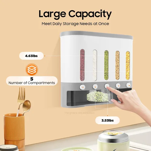 Miniatura 2 de Dispensador de arroz con taza, dispensador de alimentos secos de 5 rejillas montado en la pared, cubo de arroz, contenedor de almacenamiento