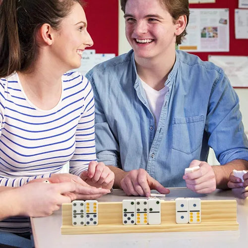 Miniatura 7 de Juego de 8 estantes de dominó, bandejas de dominó de tren mexicano, soportes de dominó de madera para tren mexicano, combo de pata de pollo, mahjong
