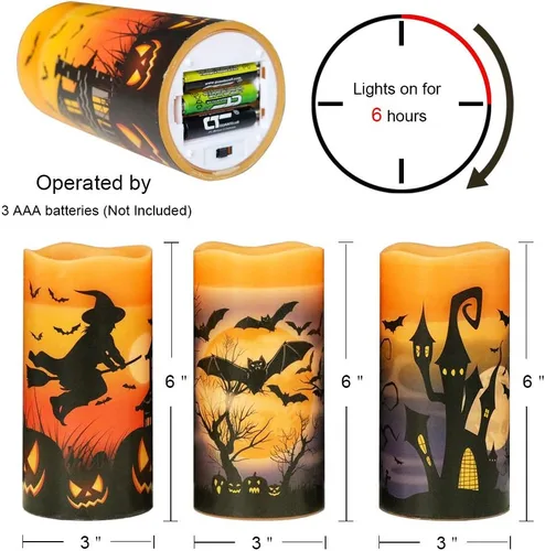 Miniatura 2 de Eldnacele Velas LED sin llama parpadeantes de Halloween, funcionan con pilas, con temporizador de 6H, calcomanías de calavera, telaraña, cuervo