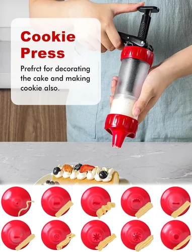 Miniatura 4 de Juego de prensa para galletas, máquina para hacer churros con 12 moldes y 10 puntas para decorar pasteles, prensa para galletas y churros, rojo