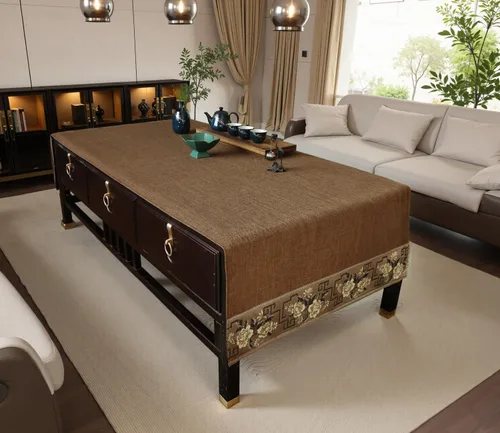 Miniatura 7 de Funda rectangular para mesa de café con flores bordadas. Mantel de mesa de café beige y camino de mesa de té para sala de estar, lavable a máquina