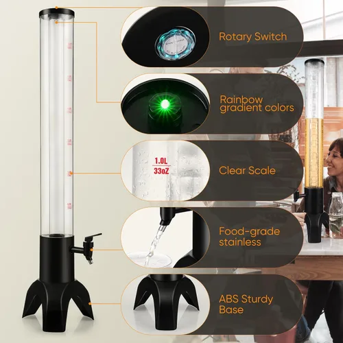 Miniatura 3 de Mimosa Tower, dispensador de torre de bebidas de 100 oz/3 L con tubo de hielo y luz LED, dispensador de cerveza de mesa (1 unidad)