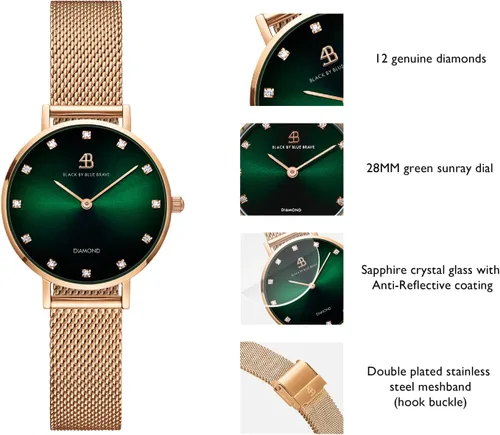 Miniatura 2 de BLACK BY BLUE BRAVE Womens Watch Trendy Green Watches for Women 12 Genuine Diamond Watch Markers 28 mm Watches for Women Green Sunray Dial with Rose