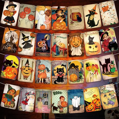 Maitys 4 piezas vintage de decoración de Halloween, pancarta colgante de calabaza, bruja, gato, guirnalda de banderines para fiestas de Halloween,