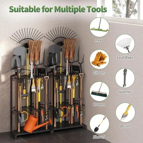 Miniatura 4 de Organizador de herramientas de jardín para esquina - Estante de metal resistente con 34 compartimentos de almacenamiento y 14 ganchos para palas
