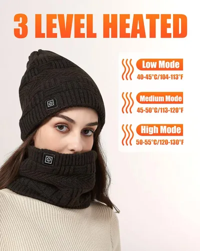 Miniatura 3 de Sombrero calefactable - Juego de bufanda y sombreros calefactores para hombres y mujeres, batería de 4000 mAh, 3 controles de temperatura