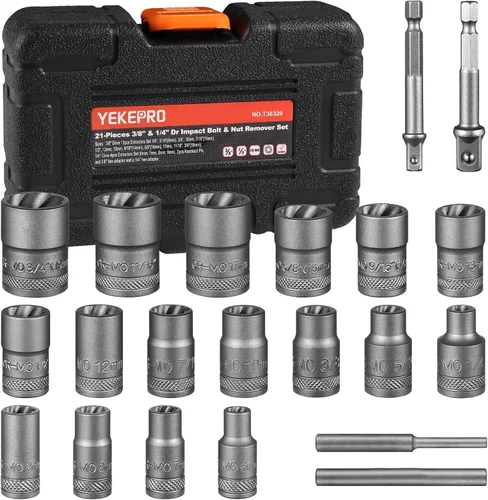 Juego de extractor de pernos, 21 piezas de 3/8 de pulgada y 1/4 de pulgada y herramienta de extracción de tuercas, enchufe de fácil giro, para