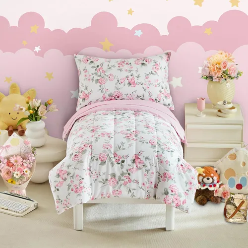 Miniatura 10 de Juego de ropa de cama gris de 4 piezas para niños y niñas, flores rosas ultra suaves con hojas blancas en una bolsa, juego de edredón, sábana