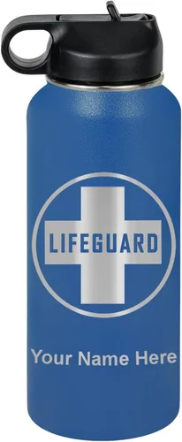 Miniatura 50 de LaserGram Botella de agua personalizada, salvavidas, acero inoxidable de doble pared aislada al vacío con popote superior, regalo grabado Negro