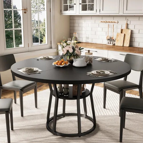 Miniatura 13 de GarveeHome Mesa de comedor redonda para 4-6, 47.2 pulgadas, mesa de cocina de granja con almacenamiento, mesas de comedor circulares para cocina