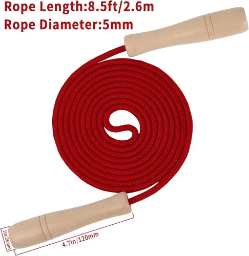 Miniatura 5 de Cuerda de saltar para niños, cuerda de saltar ajustable para niños pequeños con mango de madera, cuerda de saltar de 8.5 pies para niños y niñas Rojo