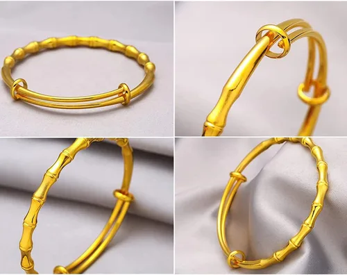 Miniatura 5 de Delicada pulsera de bambú de la suerte chapada en oro, pulseras de bambú de eslabones de cadena ajustables, pulsera de boda de bambú de riqueza
