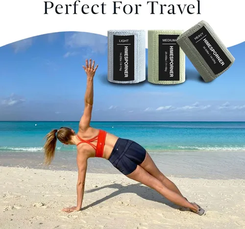 Miniatura 8 de HIMESPORNER Bandas anchas de resistencia de tela para entrenamiento, bandas antideslizantes de ejercicio para glúteos de 3 niveles para mujeres