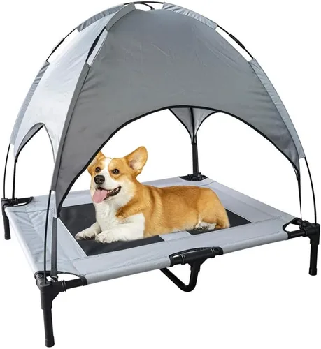 Miniatura 11 de Cama elevada impermeable para perros con toldo y malla de refrigeración – Cuna elevada portátil para perros grandes, tienda de campaña para Gris