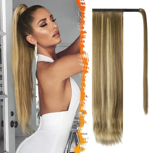 Miniatura 25 de BARSDAR Extensión de cola de caballo de 28 pulgadas largo recto envoltura alrededor del clip en pelo de fibra sintética para mujeres, negro