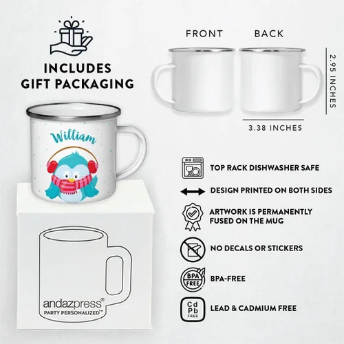 Miniatura 4 de Andaz Press Taza de café de acero inoxidable con nombre personalizado de 11 onzas para niños, diseño de búho azul festivo, 1 paquete, taza