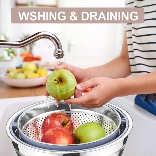 Miniatura 6 de E-far Colador con Juego de Tazón Mezclador, Coladores de Acero Inoxidable 4 en 1 con Ralladores para Cocina, Tazón Colador de Alimentos Giratorio