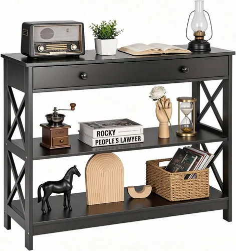 SUPER DEAL Mesa consola estrecha de 39.5 pulgadas, mesa de entrada de 3 niveles, mesa auxiliar con cajón y estantes de almacenamiento para pasillo,