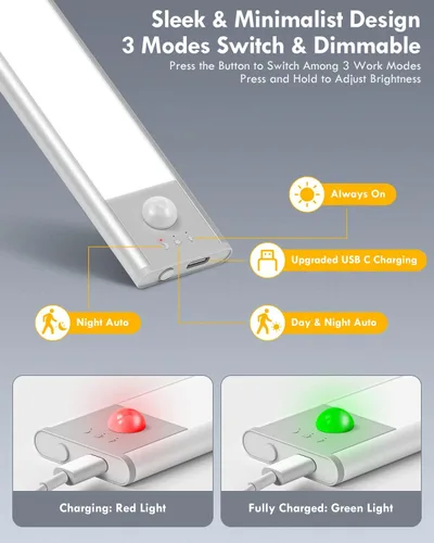 Miniatura 3 de BLS Luces LED para Armario, Luz con Sensor de Movimiento de 52LED para Interiores, Luces Bajo Gabinete Recargables USB-C, Iluminación Bajo Gabinete