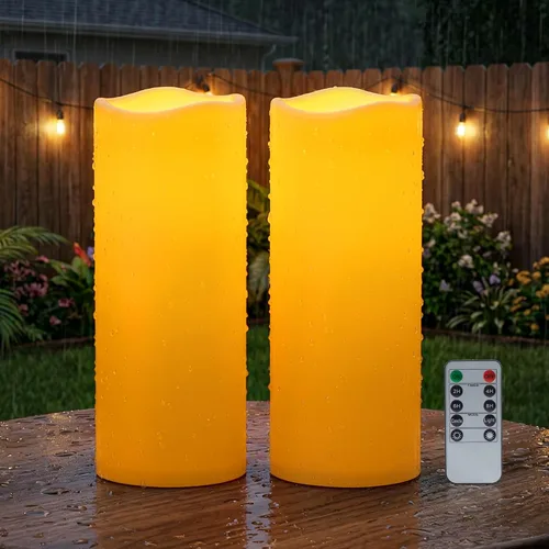 Miniatura 12 de Amagic Paquete de 2 velas eléctricas de plástico sin llama de 6 x 4 pulgadas para exteriores con control remoto y temporizador, velas falsas