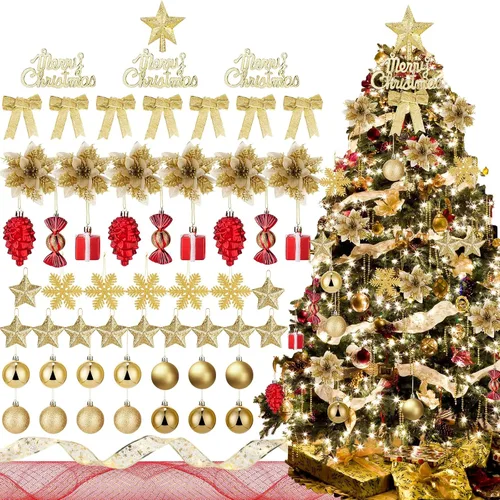 Liliful - Juego de adornos para árbol de Navidad de 132 piezas, incluye bolas de Navidad, adornos LED, luces, purpurina, lazos de flor de pascua,