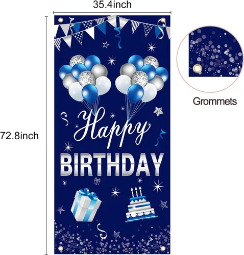 Miniatura 2 de Turypaty Cartel de feliz cumpleaños azul plateado para puerta para hombres y niños, suministros de fiesta de cumpleaños 16, 21, 30, 40, 50, 60