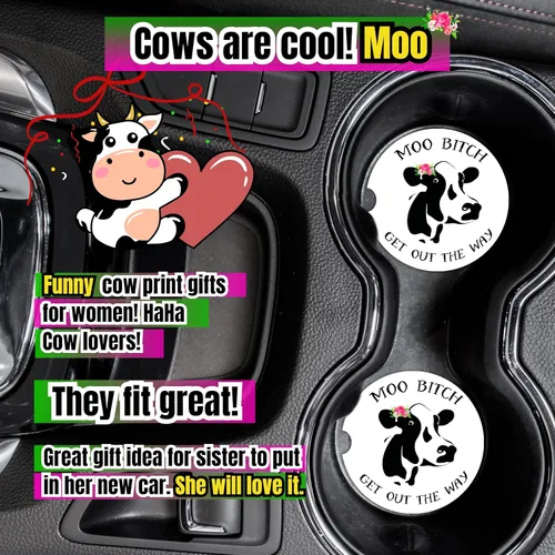 Miniatura 7 de Posavasos de vaca para coche para portavasos - 2 unidades, lindos accesorios de vaca para mujer con estampado de vaca, divertidos artículos de vacas