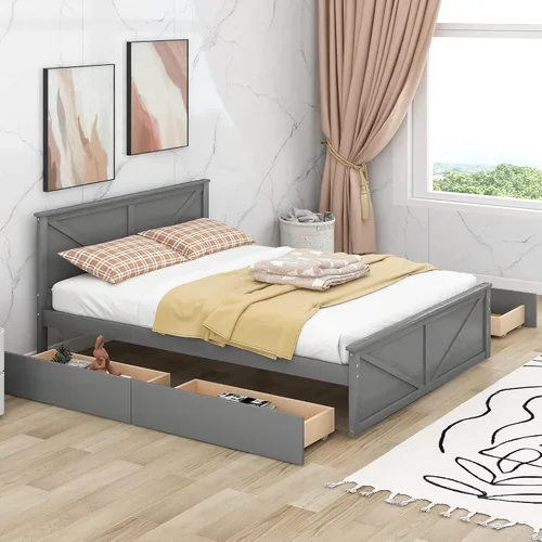 Miniatura 3 de Anwick Cama de plataforma de madera con 4 cajones de almacenamiento, base de cama de plataforma de madera maciza con cabecera y patas de apoyo