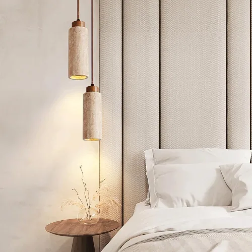 Miniatura 6 de Long Tube Stone Pendant Light Japanese Retro Bedside Hanging Lamp E27 Lighting Fixtures Natural Yellow Travertine Chandelier Industrial Flute