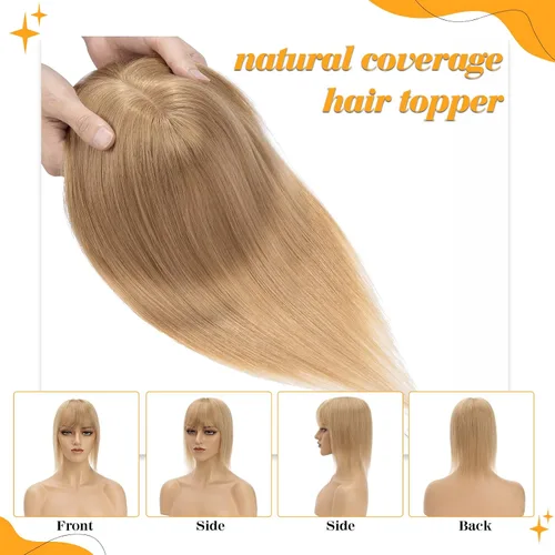 Miniatura 4 de S-noilite Toppers para el cabello humano real con flequillo, 6 pulgadas, color rubio oscuro #27, base de seda, clip en la parte superior