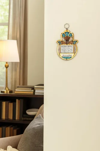 Miniatura 4 de My Daily Styles Bendición Hamsa de madera para el hogar Jerusalén - Decoración de pared de buena suerte con piedras preciosas de imitación