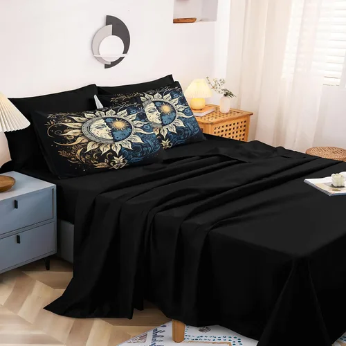 Miniatura 5 de Juego de edredón de sol y luna negro, juego de ropa de cama boho, ropa de cama de galaxia celestial y espacio estrellado, edredón mandala exótico