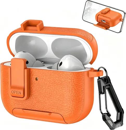 Miniatura 18 de Funda de cuero con clip de bloqueo para AirPods Pro 2ª/1ª con mosquetón, soporte de carga inalámbrica con soporte, cubierta de protección resistente
