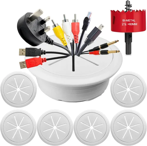 6 ojales de escritorio, 2-3/8 pulgadas (2.362 in) para cables, cubierta de orificio de alambre para escritorio con sierra de agujeros, oficina y